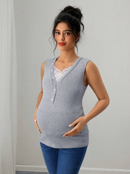 Maternity Ribbed Tank Top - V Neck, Contrast Lace, Slim Fit, High Stretch, Grey