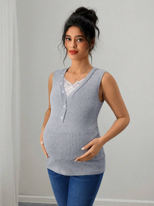 Maternity Ribbed Tank Top - V Neck, Contrast Lace, Slim Fit, High Stretch, Grey