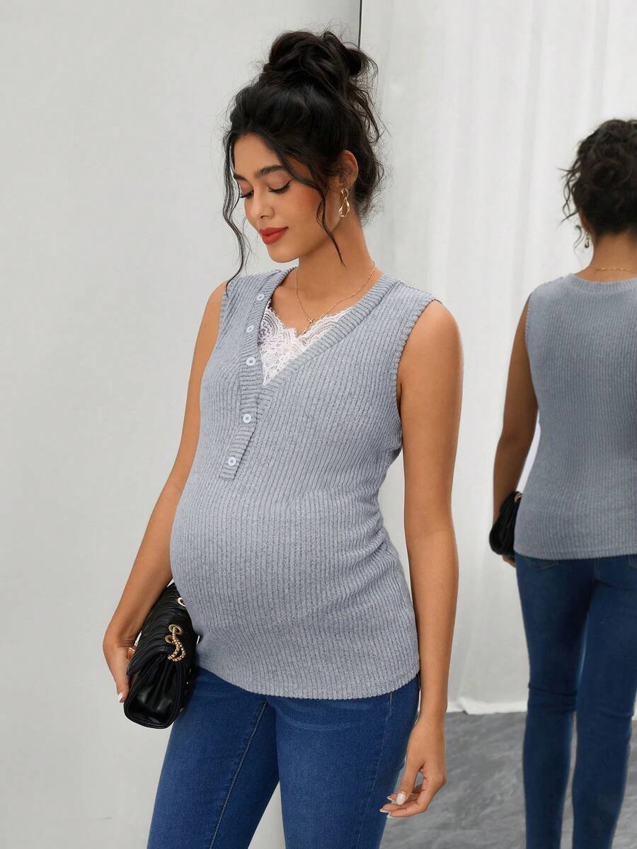 Maternity Ribbed Tank Top - V Neck, Contrast Lace, Slim Fit, High Stretch, Grey