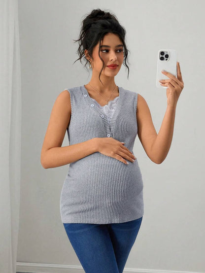 Maternity Ribbed Tank Top - V Neck, Contrast Lace, Slim Fit, High Stretch, Grey