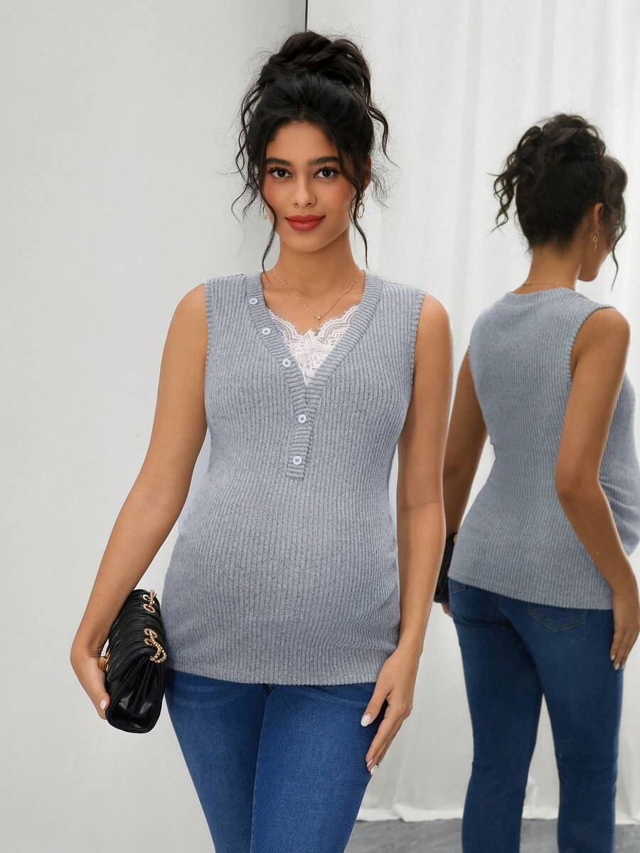 Maternity Ribbed Tank Top - V Neck, Contrast Lace, Slim Fit, High Stretch, Grey
