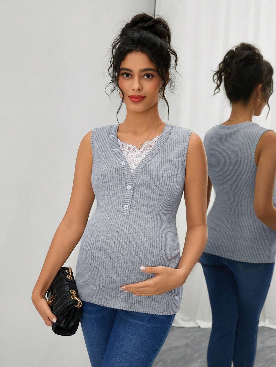 Maternity Ribbed Tank Top - V Neck, Contrast Lace, Slim Fit, High Stretch, Grey