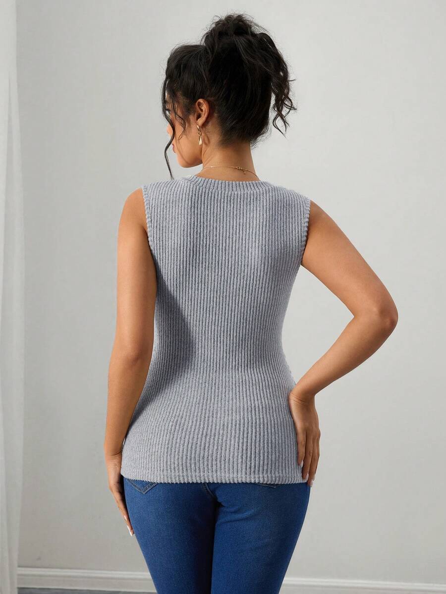 Maternity Ribbed Tank Top - V Neck, Contrast Lace, Slim Fit, High Stretch, Grey