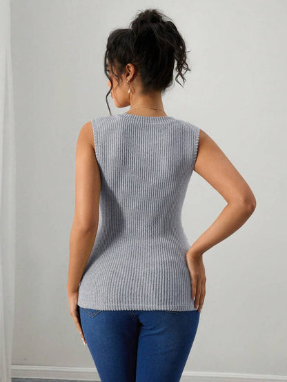 Maternity Ribbed Tank Top - V Neck, Contrast Lace, Slim Fit, High Stretch, Grey