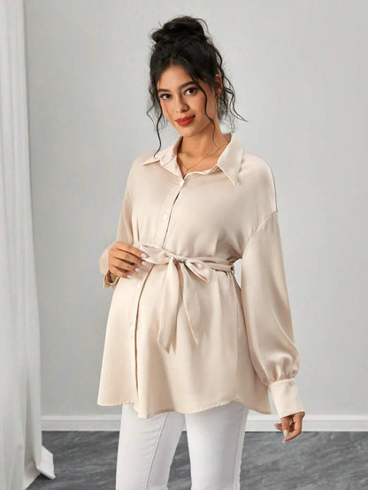 Maternity Casual Shirt - Shirt Collar, Single Breasted, Drop Shoulder, Oversized, Black
