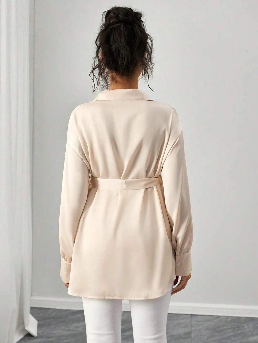 Maternity Casual Shirt - Shirt Collar, Single Breasted, Drop Shoulder, Oversized, Black