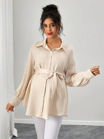 Maternity Casual Shirt - Shirt Collar, Single Breasted, Drop Shoulder, Oversized, Black