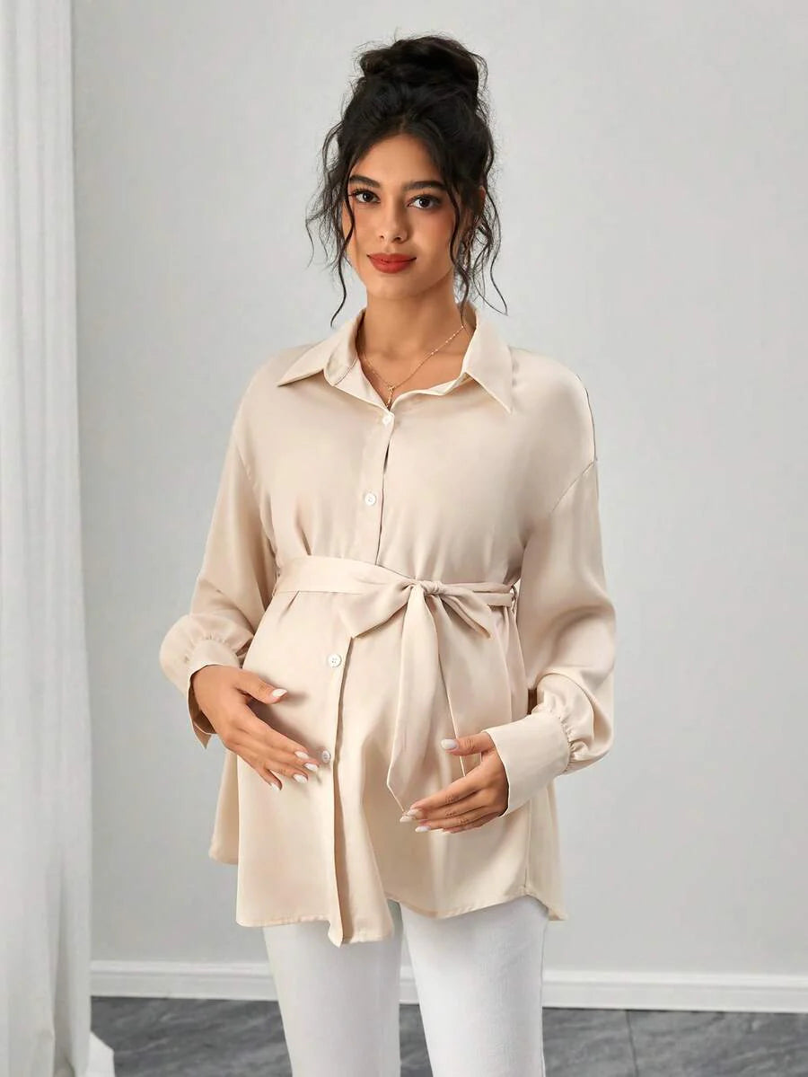Maternity Casual Shirt - Shirt Collar, Single Breasted, Drop Shoulder, Oversized, Black