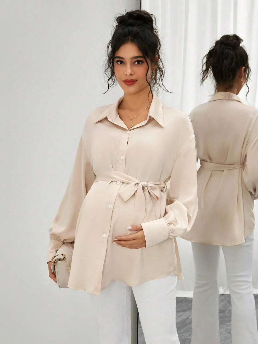 Maternity Casual Shirt - Shirt Collar, Single Breasted, Drop Shoulder, Oversized, Black