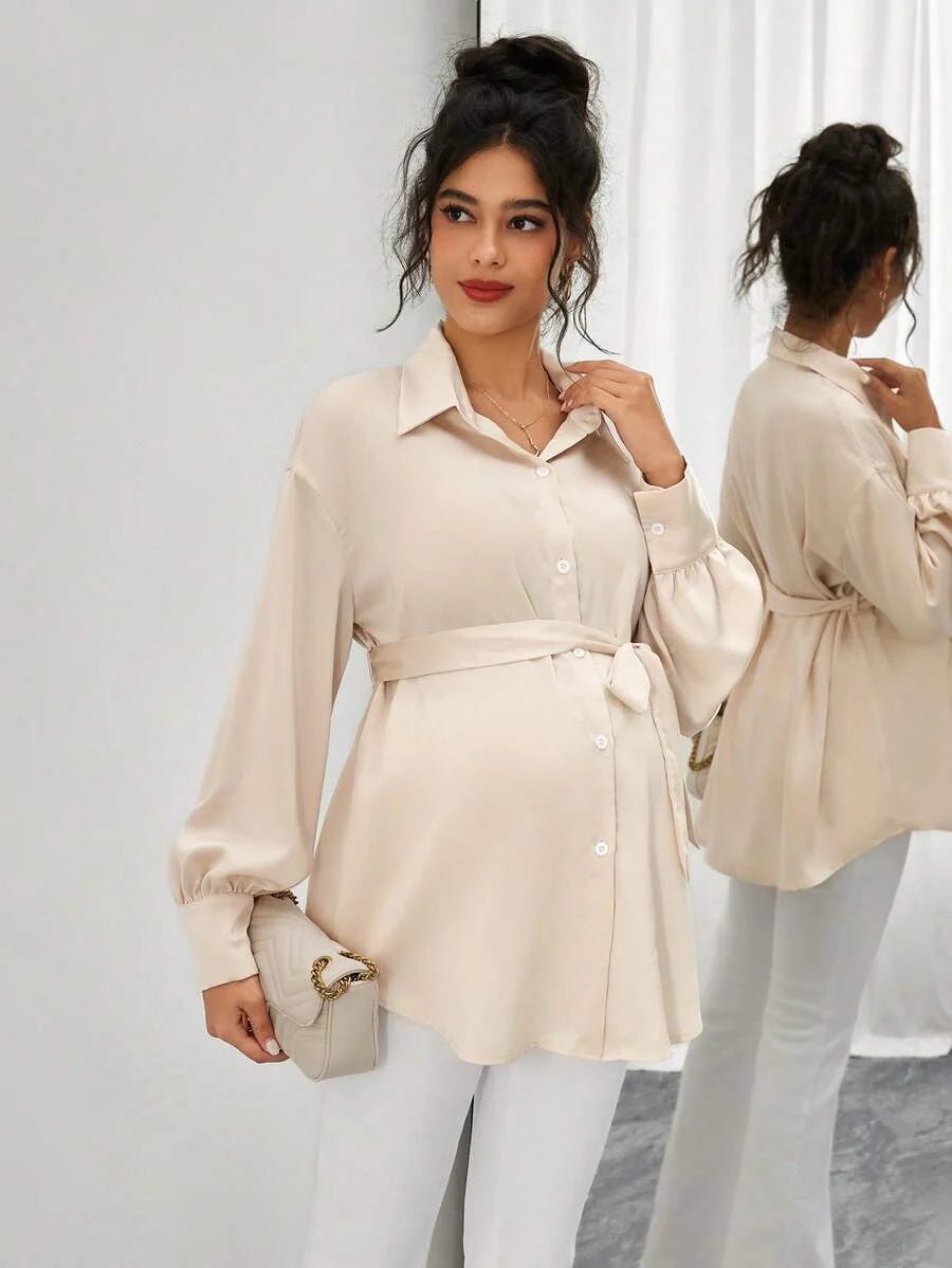 Maternity Casual Shirt - Shirt Collar, Single Breasted, Drop Shoulder, Oversized, Black