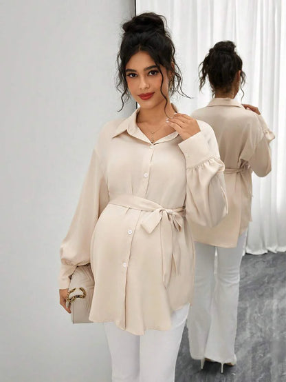 Maternity Casual Shirt - Shirt Collar, Single Breasted, Drop Shoulder, Oversized, Black