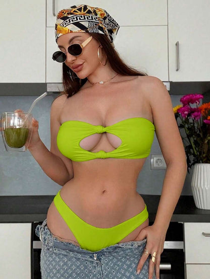 Swim Vcay Solid Color Bikini Swimming Suit For Beach Vacation, Strapless, Wireless For Summer