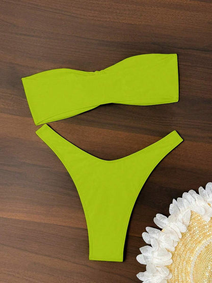 Swim Vcay Solid Color Bikini Swimming Suit For Beach Vacation, Strapless, Wireless For Summer