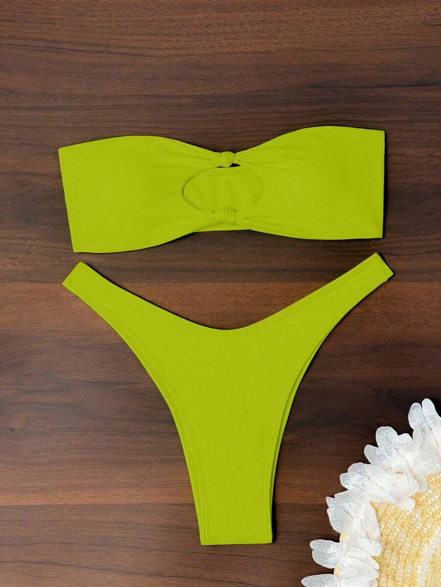 Swim Vcay Solid Color Bikini Swimming Suit For Beach Vacation, Strapless, Wireless For Summer