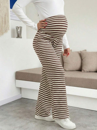 Maternity Wide Leg Pants - High Waist Striped Belly Support, Brown