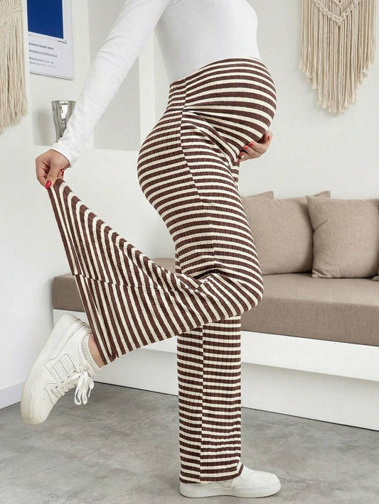 Maternity Wide Leg Pants - High Waist Striped Belly Support, Brown