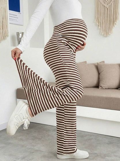 Maternity Plus Size High Waist Striped Wide Leg Pants - Black & Gray Knit Belly Support Lounge Trousers