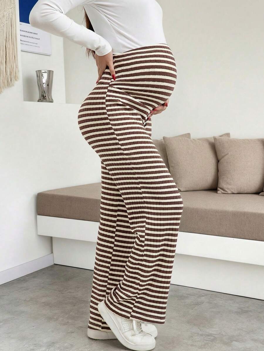 Maternity Wide Leg Pants - High Waist Striped Belly Support, Brown