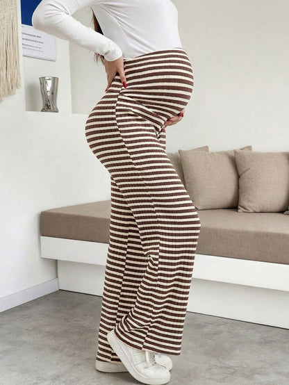 Maternity Wide Leg Pants - High Waist Striped Belly Support, Brown