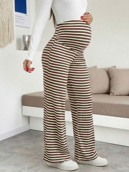 Maternity Wide Leg Pants - High Waist Striped Belly Support, Brown