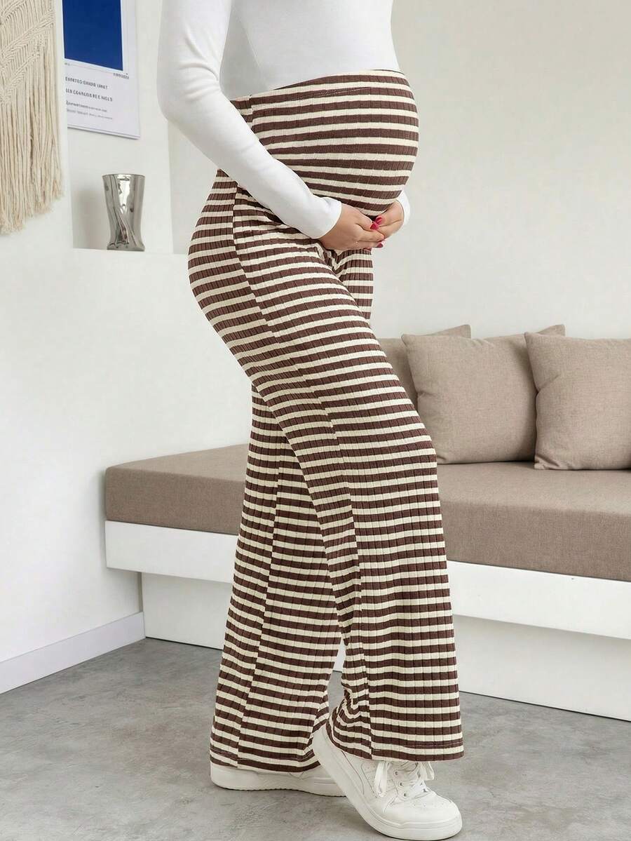 Maternity Wide Leg Pants - High Waist Striped Belly Support, Brown