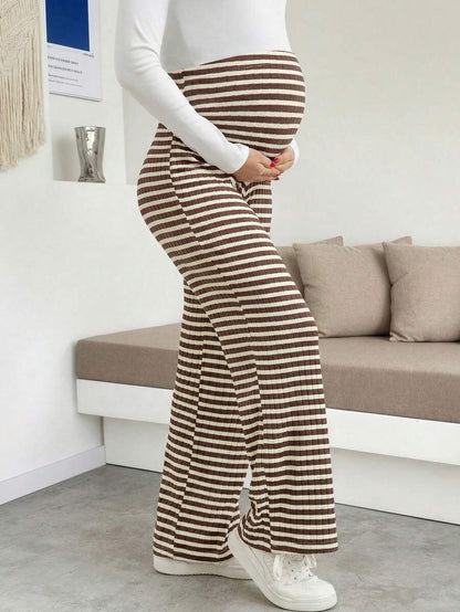 Maternity Wide Leg Pants - High Waist Striped Belly Support, Brown