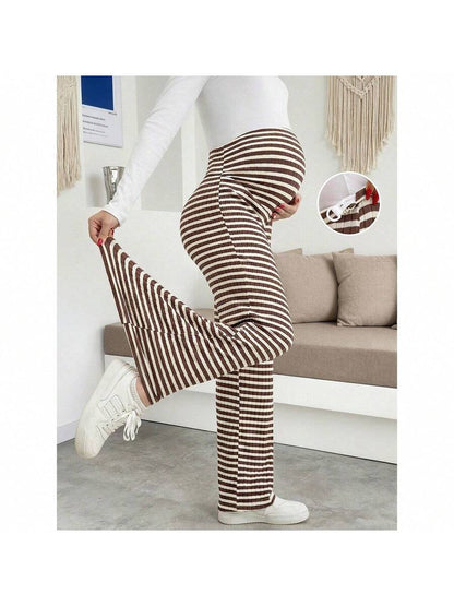 Maternity Wide Leg Pants - High Waist Striped Belly Support, Brown