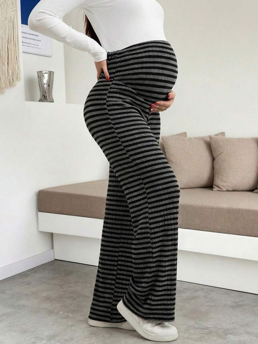 Maternity Plus Size High Waist Striped Wide Leg Pants - Black & Gray Knit Belly Support Lounge Trousers