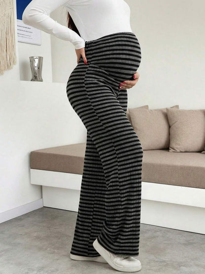 Maternity Plus Size High Waist Striped Wide Leg Pants - Black & Gray Knit Belly Support Lounge Trousers
