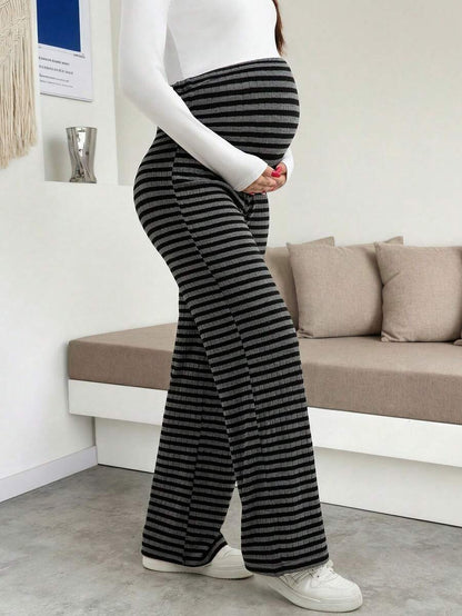 Maternity Wide Leg Pants - High Waist Striped Belly Support, Brown