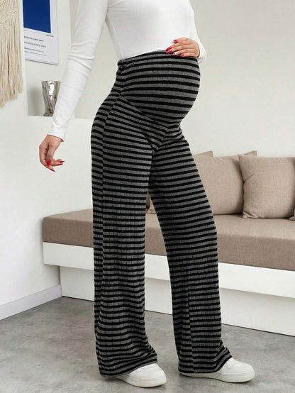 Maternity Plus Size High Waist Striped Wide Leg Pants - Black & Gray Knit Belly Support Lounge Trousers