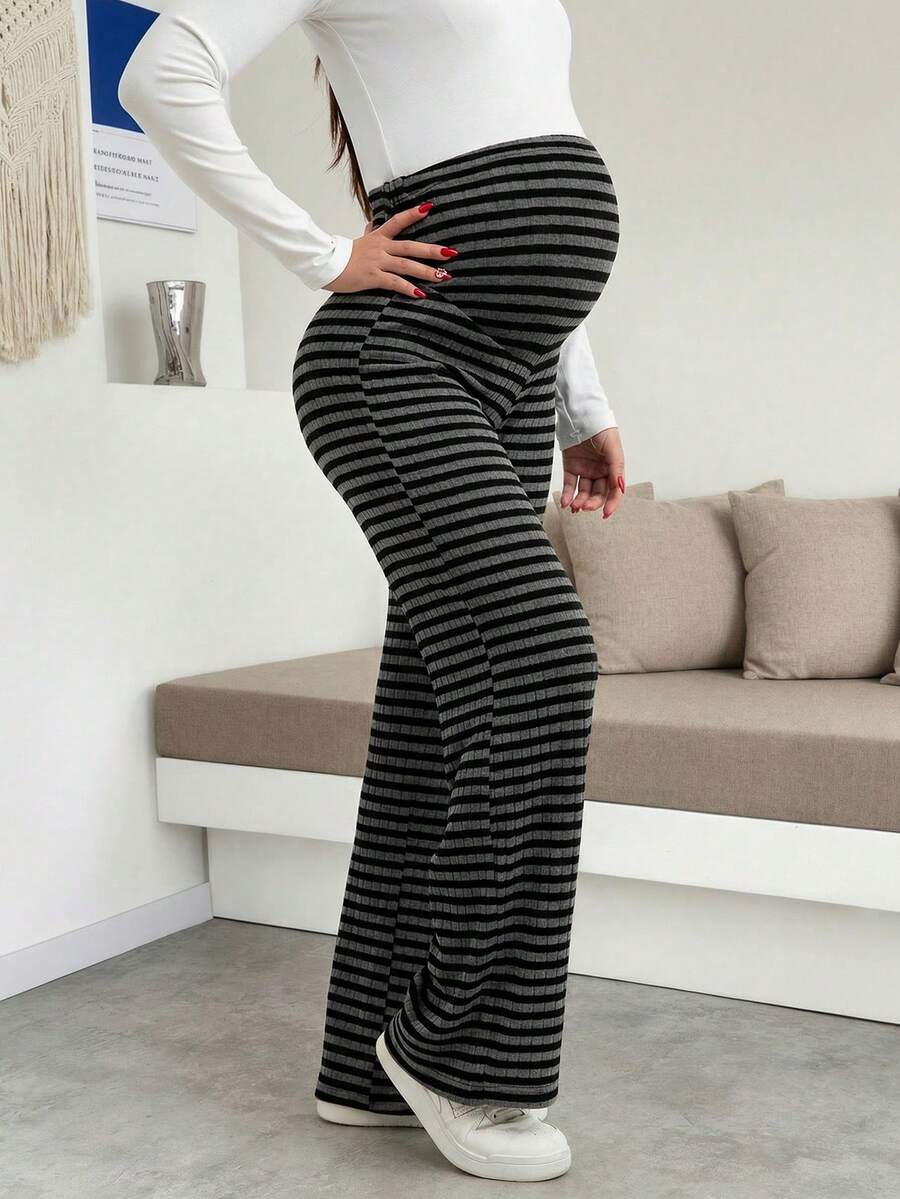 Maternity Wide Leg Pants - High Waist Striped Belly Support, Brown