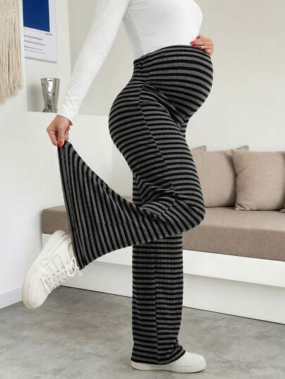 Maternity Plus Size High Waist Striped Wide Leg Pants - Black & Gray Knit Belly Support Lounge Trousers