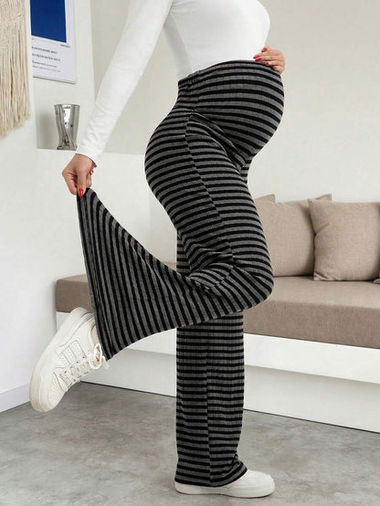 Maternity Wide Leg Pants - High Waist Striped Belly Support, Brown