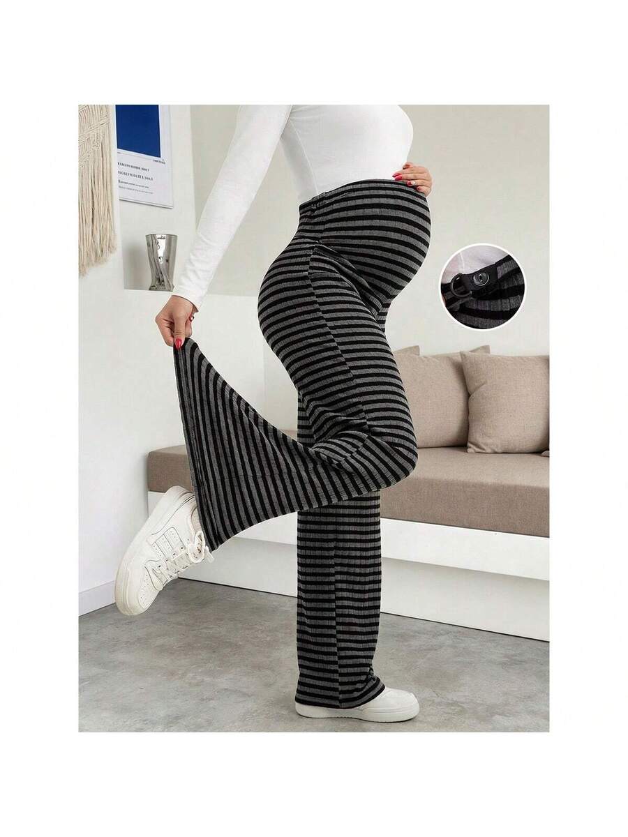 Maternity Plus Size High Waist Striped Wide Leg Pants - Black & Gray Knit Belly Support Lounge Trousers