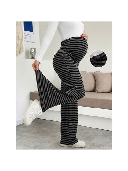 Maternity Plus Size High Waist Striped Wide Leg Pants - Black & Gray Knit Belly Support Lounge Trousers