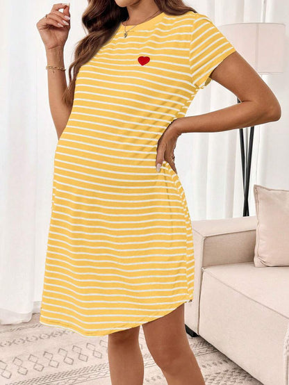 Maternity Heart Embroidery Striped Round Neck Short Sleeve Casual T-Shirt Dress