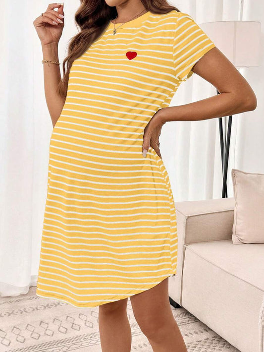 Maternity Heart Embroidery Striped Round Neck Short Sleeve Casual T-Shirt Dress