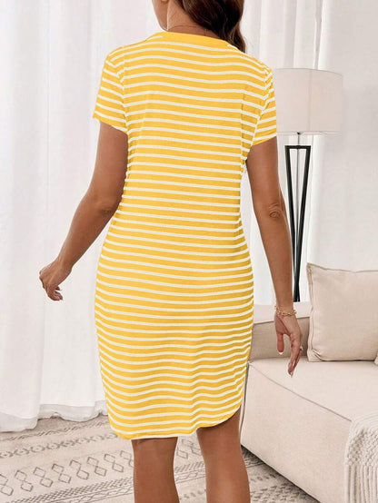 Maternity Heart Embroidery Striped Round Neck Short Sleeve Casual T-Shirt Dress