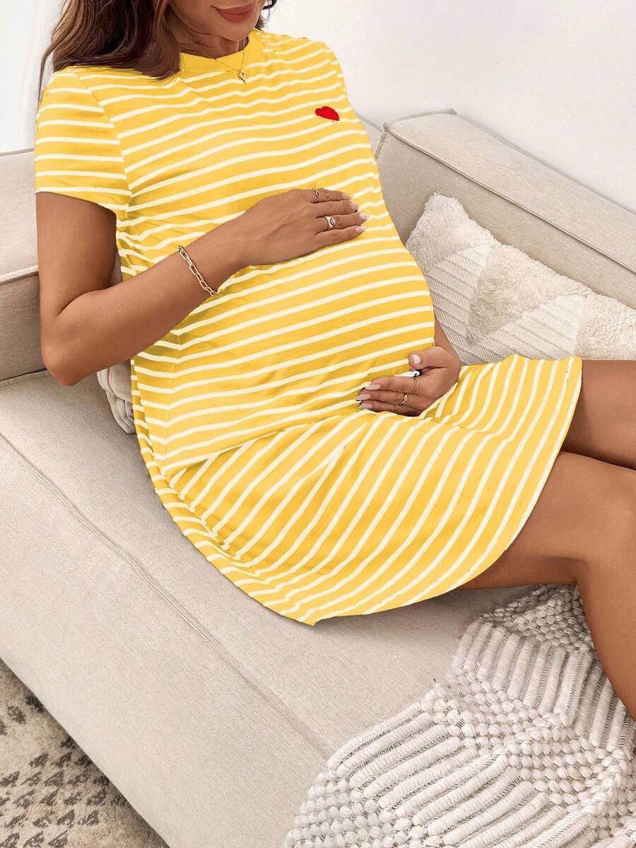 Maternity Heart Embroidery Striped Round Neck Short Sleeve Casual T-Shirt Dress