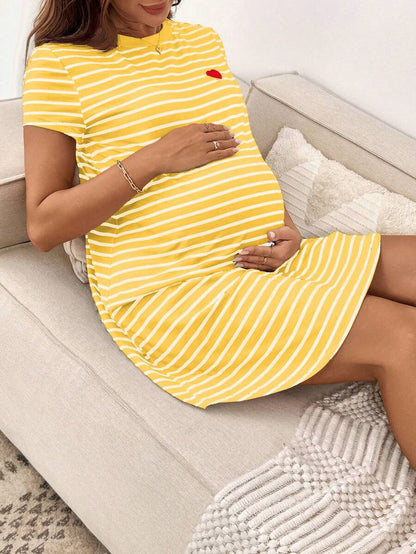 Maternity Heart Embroidery Striped Round Neck Short Sleeve Casual T-Shirt Dress