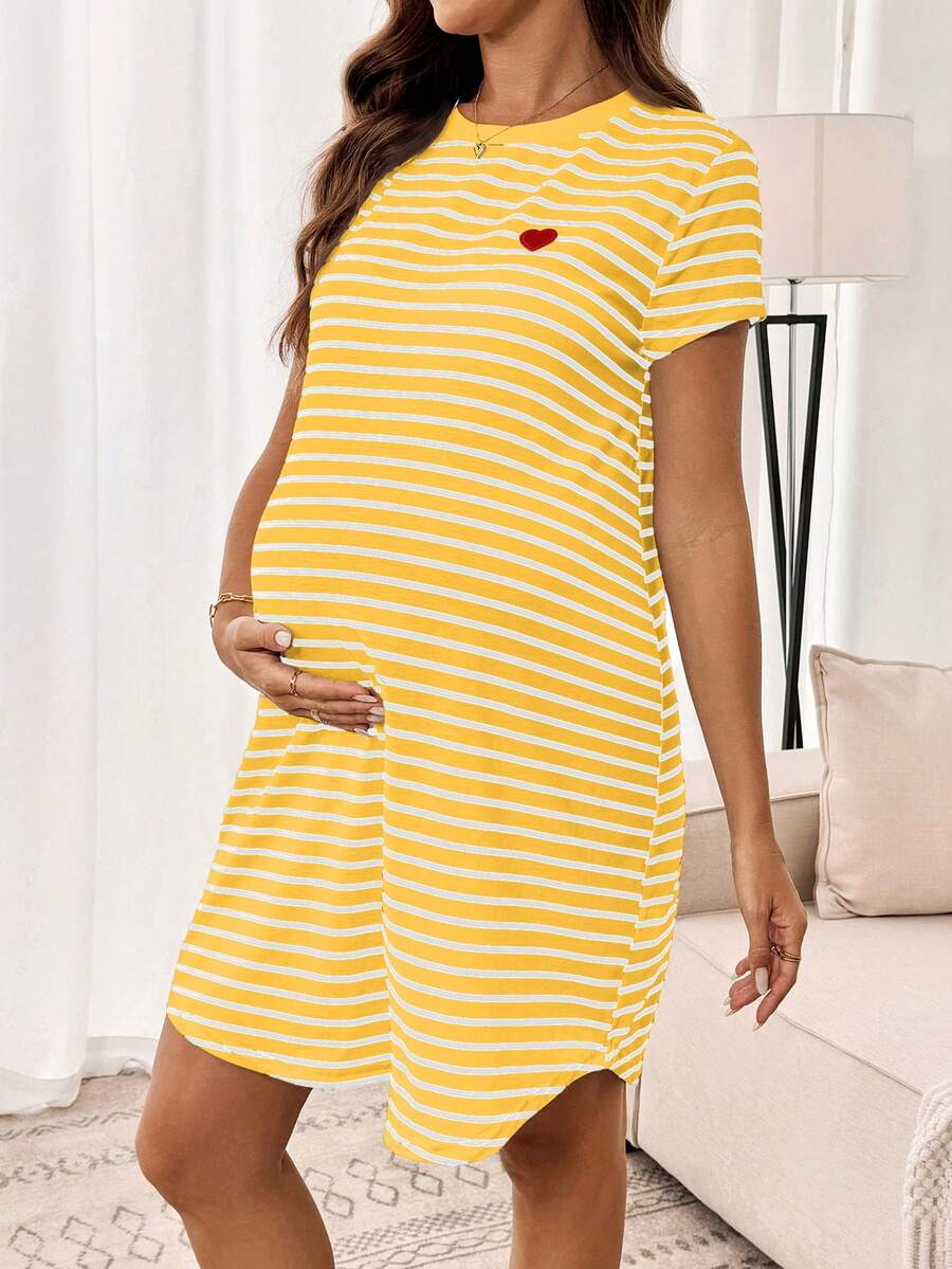 Maternity Heart Embroidery Striped Round Neck Short Sleeve Casual T-Shirt Dress