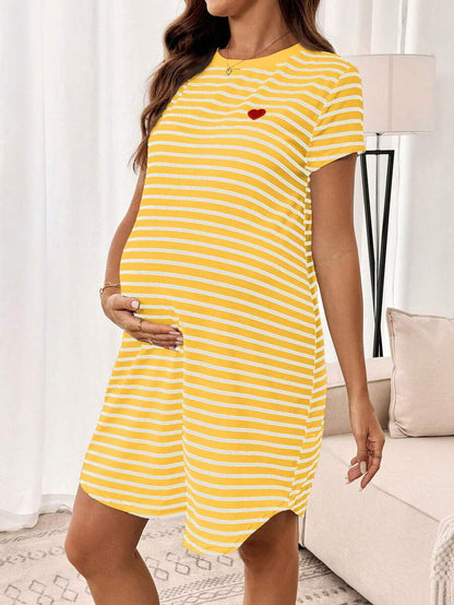 Maternity Heart Embroidery Striped Round Neck Short Sleeve Casual T-Shirt Dress