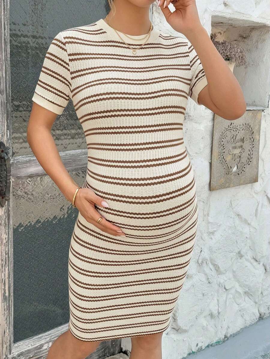Maternity Striped Short Sleeve Bodycon Dress Round Neck Contrast Piping Slim Fit Pencil Dress for Summer Home Wear