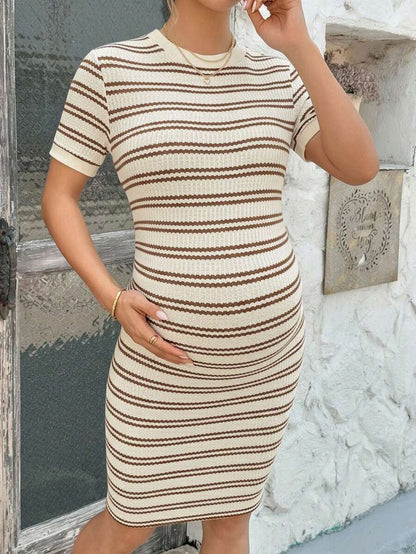 Maternity Striped Short Sleeve Bodycon Dress Round Neck Contrast Piping Slim Fit Pencil Dress for Summer Home Wear