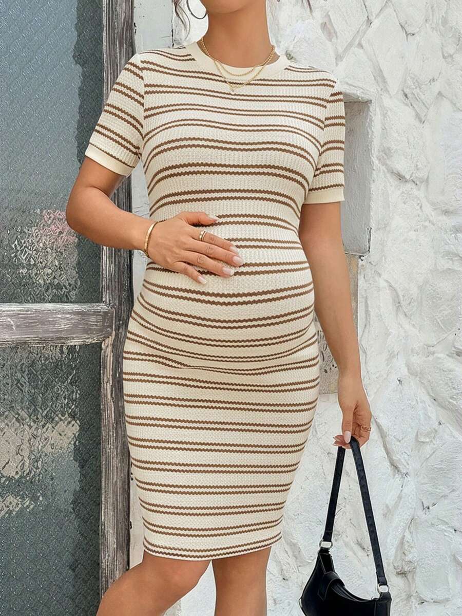 Maternity Short Sleeve Striped Slim Fit Ribbed Dress Casual Crew Neck Bodycon Pencil Dress for Home and Daily Wear