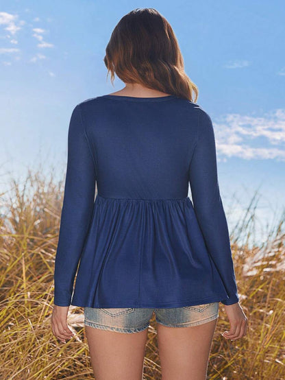 Blue Butterfly Print Button Half Placket Slim Fit T-Shirt - Long Sleeve Square Neck Boho Vacation Top with Flared Hem