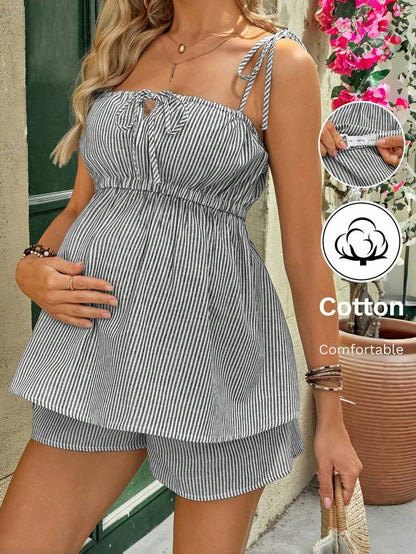 Maternity Vacation Set 2 Pack - Striped Tie Front Cami and Adjustable Shorts, Summer Loungewear