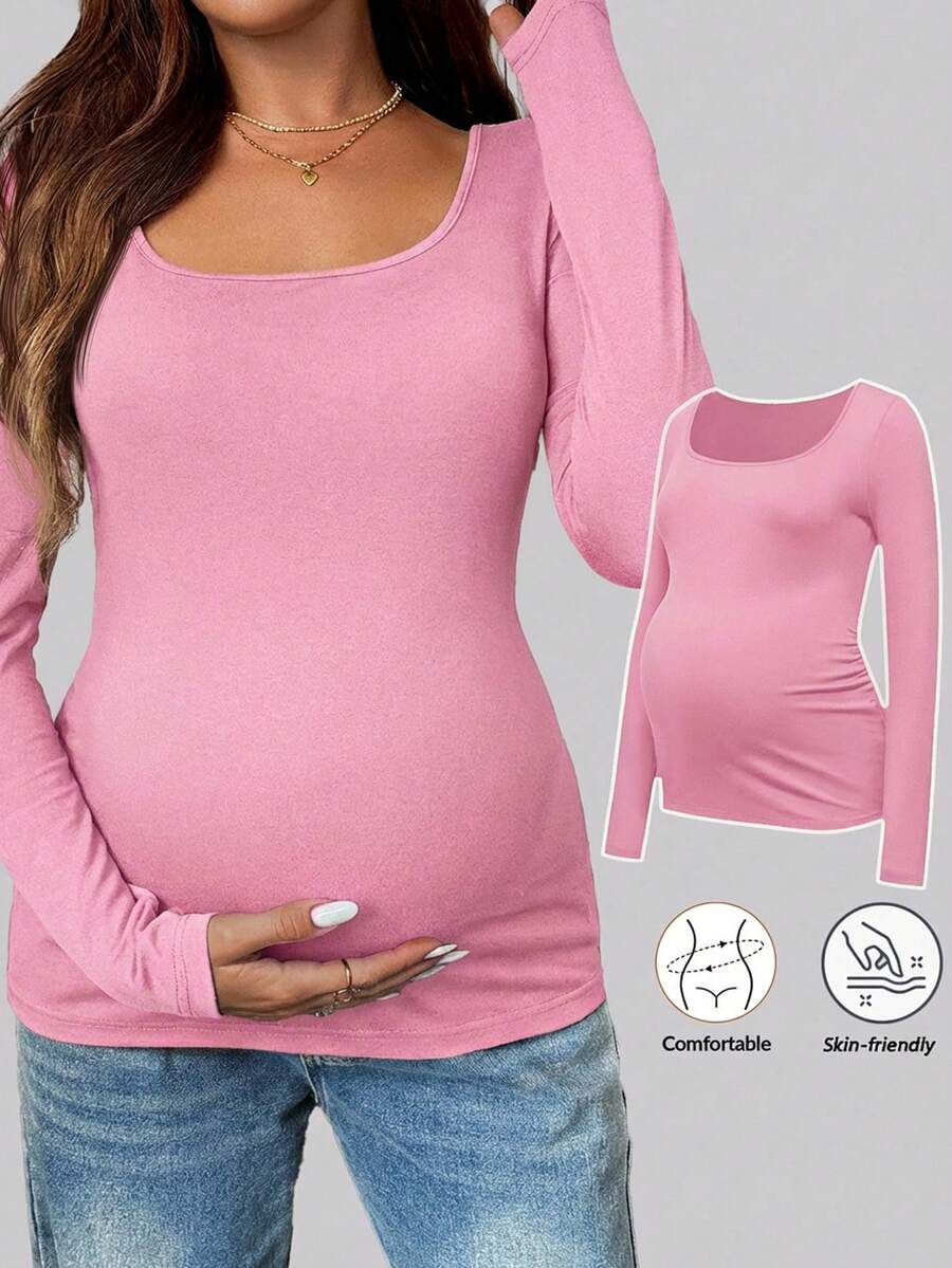 Maternity White Scoop Neck Long Sleeve Fitted T-Shirt - Slim Fit Knitted Pregnancy Top for Casual Daily Wear