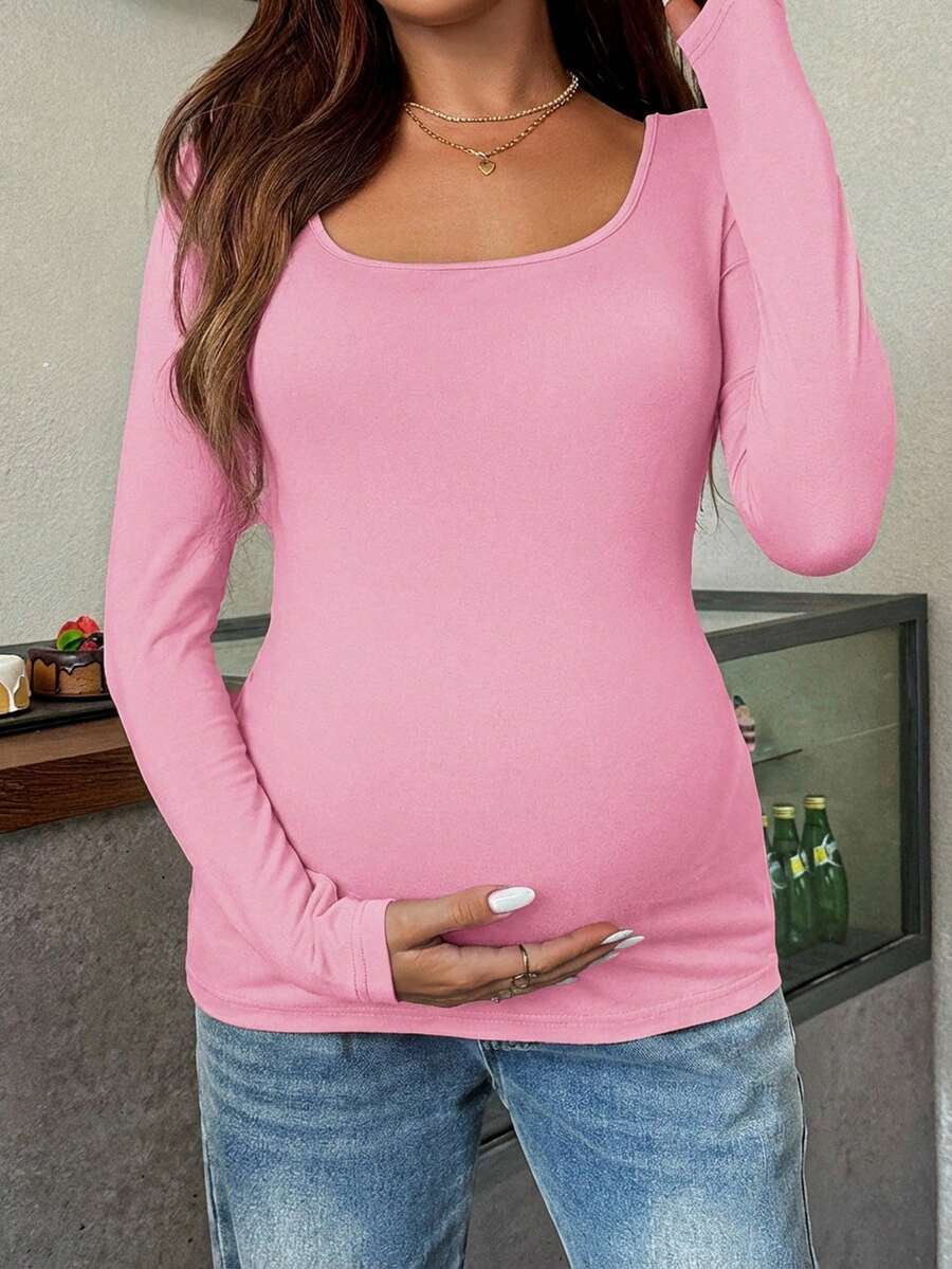 Maternity White Scoop Neck Long Sleeve Fitted T-Shirt - Slim Fit Knitted Pregnancy Top for Casual Daily Wear